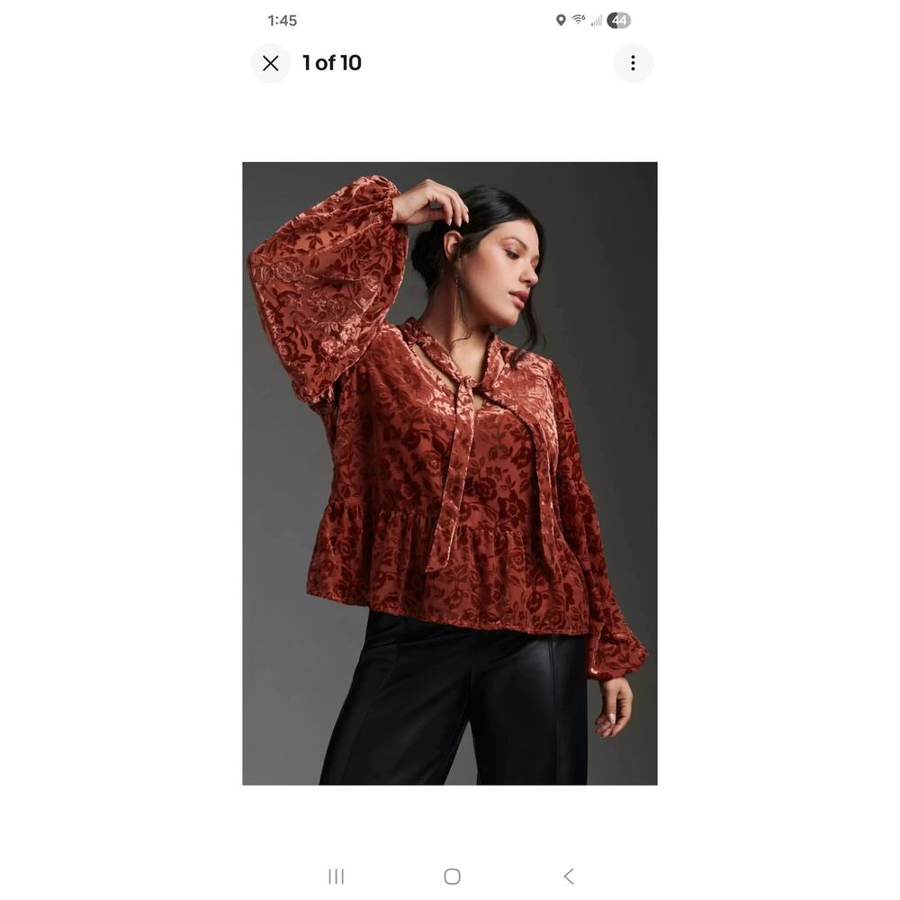 Anthropologie Velvet Floral Burnout Tie-Neck Blouse - Rust Copper - Medium